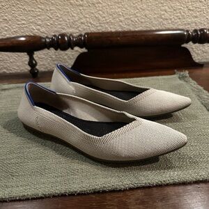 Rothy's Pointed Knit Flats in Beige with Blue Trim